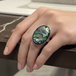 NEW Oversized Abalone Statement Ring Silver Boho Iridescent Shell Jewelry GIFT